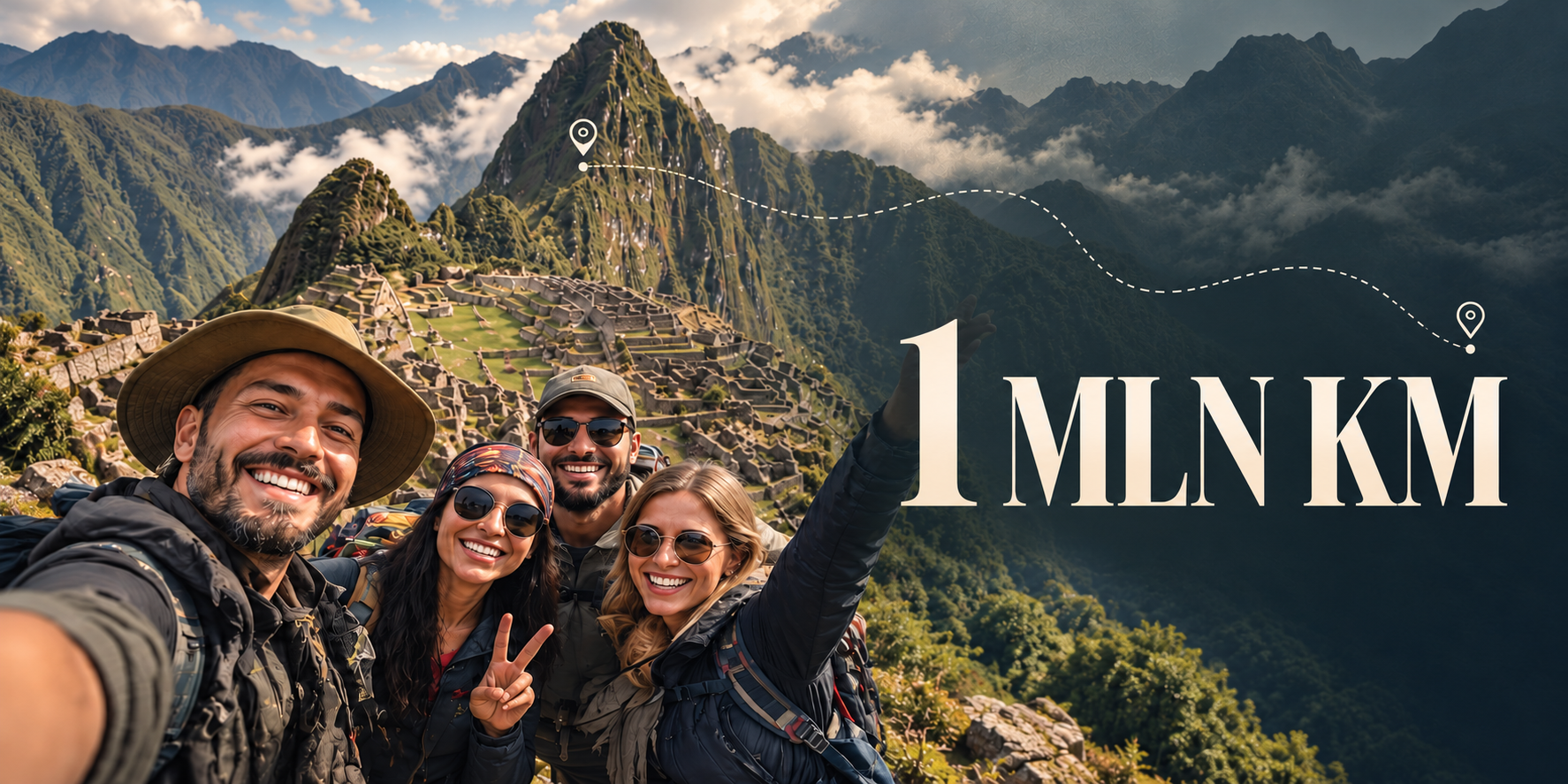 1 MLN KM project illustration: travellers, mountains and a route